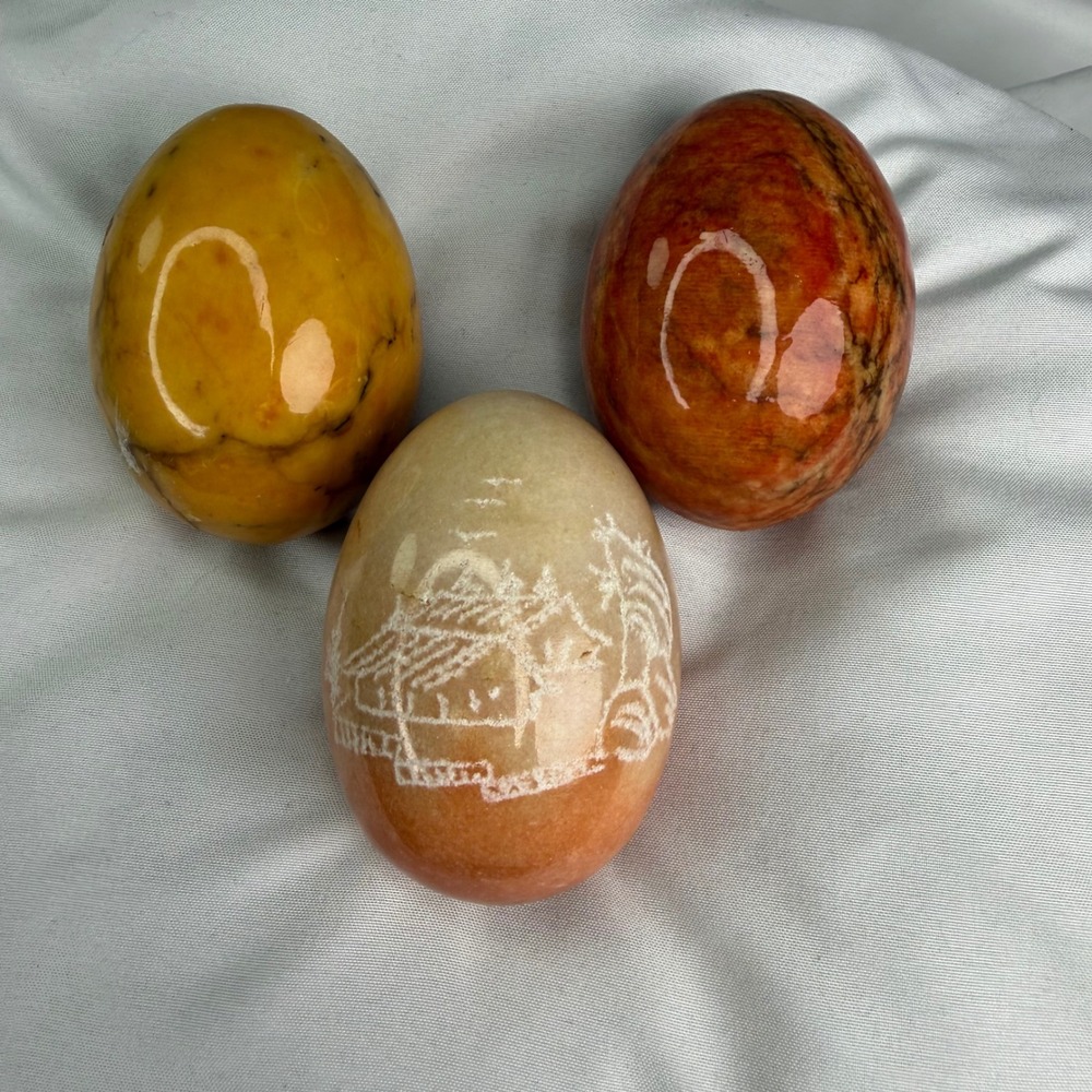 Vintage Alabaster Marble Stone Eggs Set of 3 Made in Italy Etched Landscape